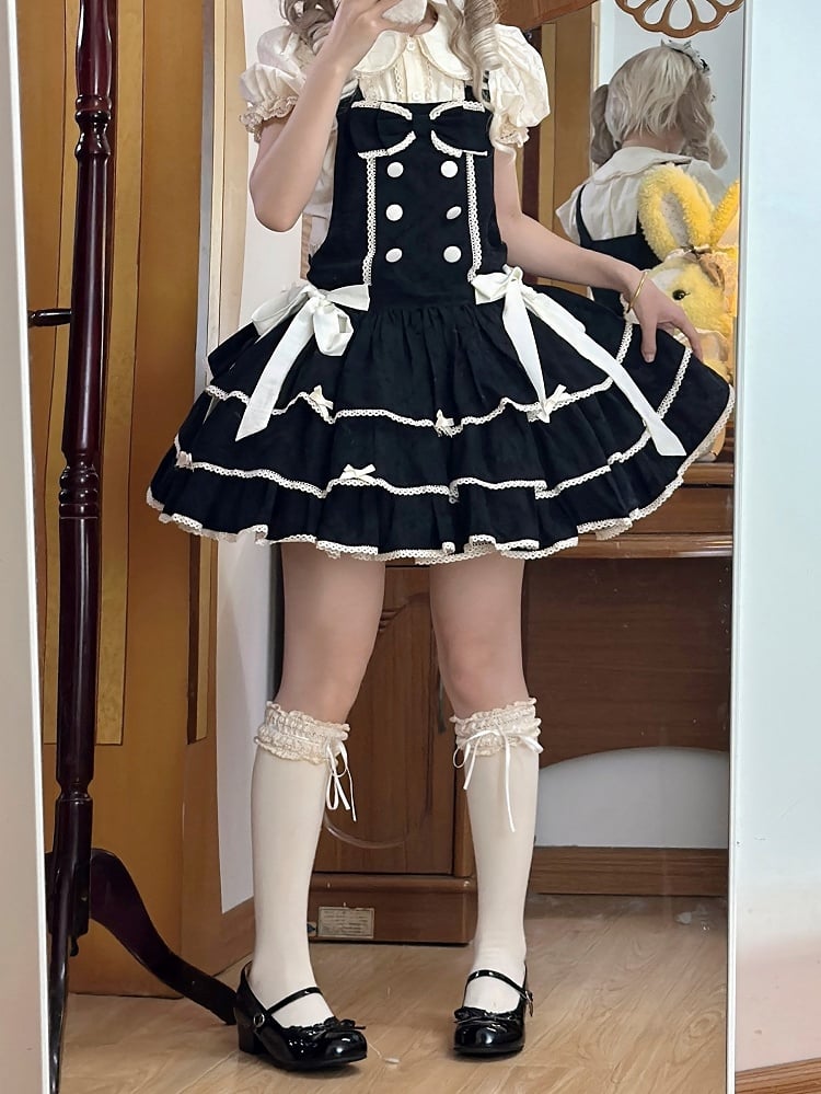 Double-Breasted Black Trim Sweet with Lolita Overall Buttons White Lace Dress and