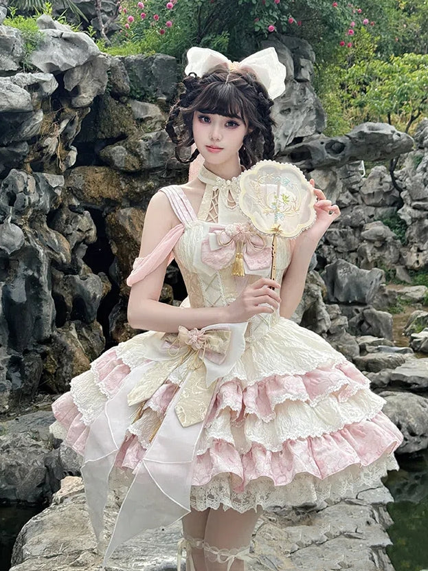 Hals Baskenkleid Taille Rosa Rock Halter Tiered Qi Abnehmbare Lolita