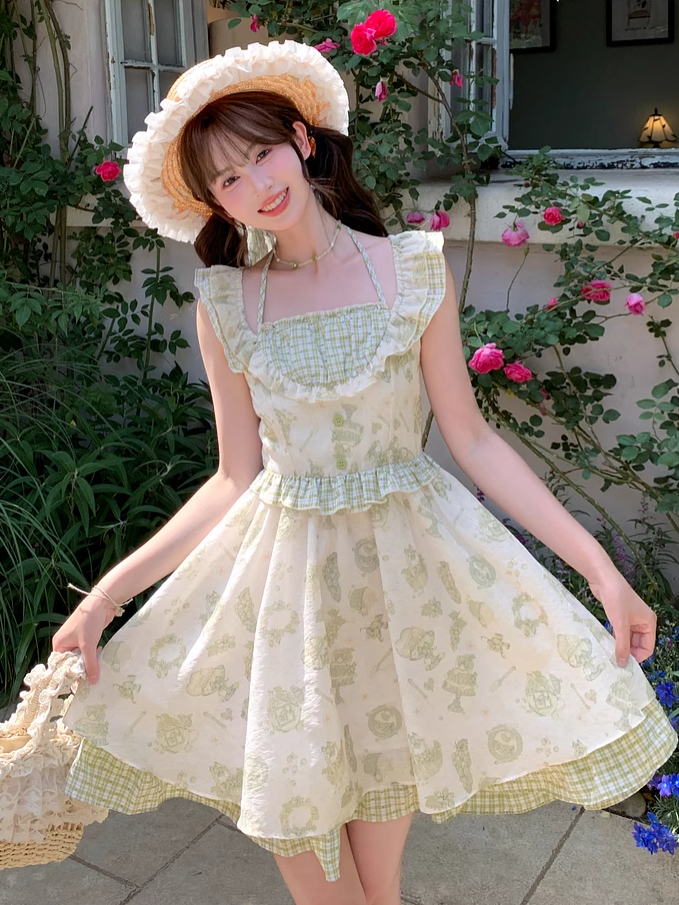 Kei Green Plaid Flutter Sleeves Halter Dress Light Cartoon Print Mori