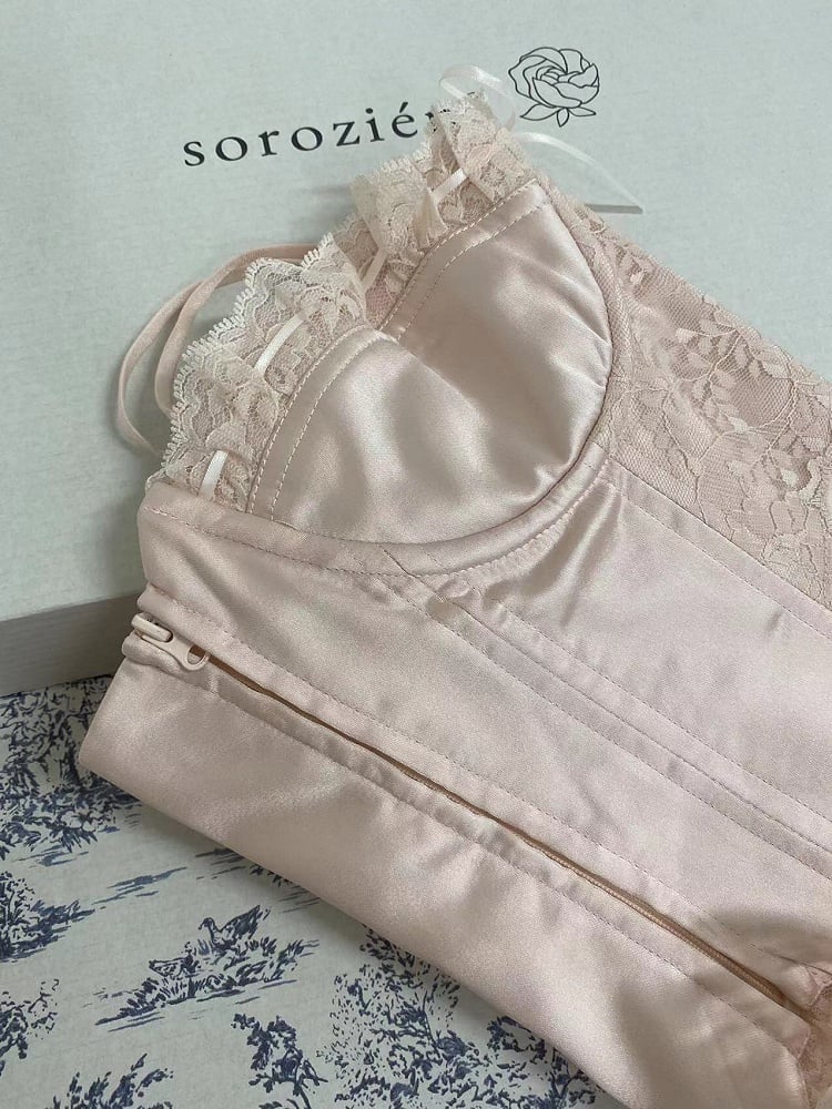 Rosa Satin-Korsett-Top mit Spaghettiträgern und Stäbchen