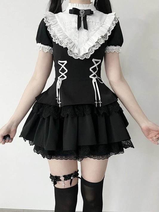 Short Ruffle Black Sleeves White Neckline Gothic Cross Lace-up Charms Dress Lolita