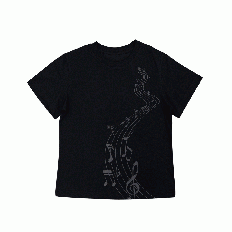 Schwarzes Baumwoll-T-Shirt mit Rundhalsausschnitt und Musiknoten-Print