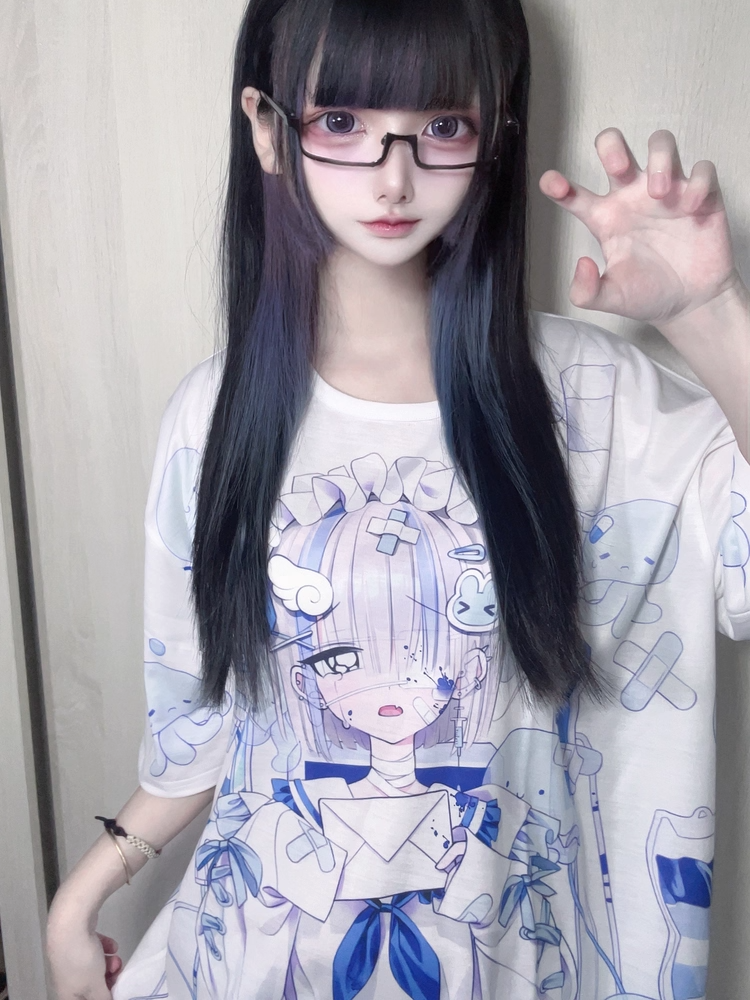T-shirt Dark Otaku Aesthetic Black Kawaii Round Neck /White with Yami Anime Print