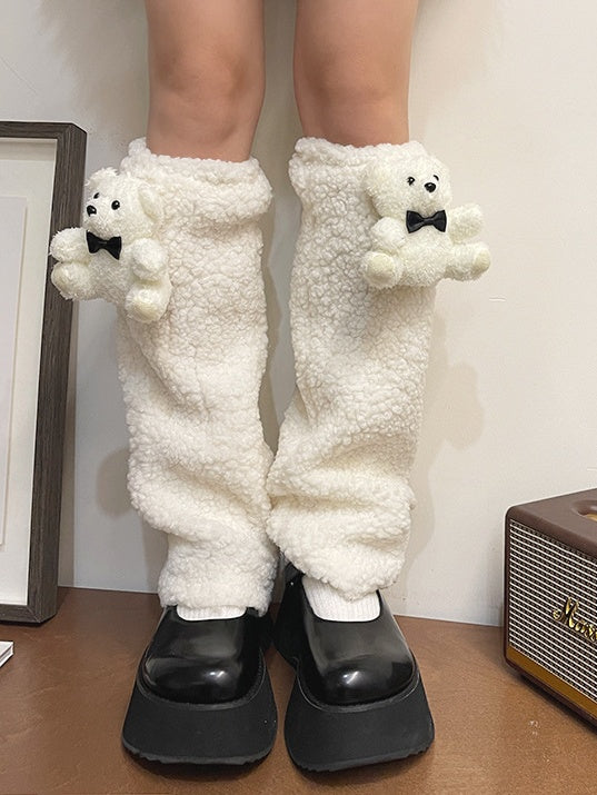 White Lolita Bear Doll Bowknot Leg Warmers