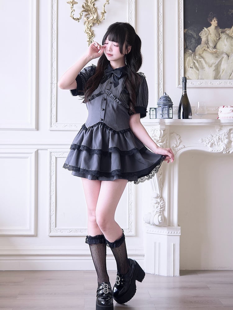 Shorts Gray and Faux Lace-Trimmed Two-Piece Style Jirai Striped Layered Dress Outfit: Kei