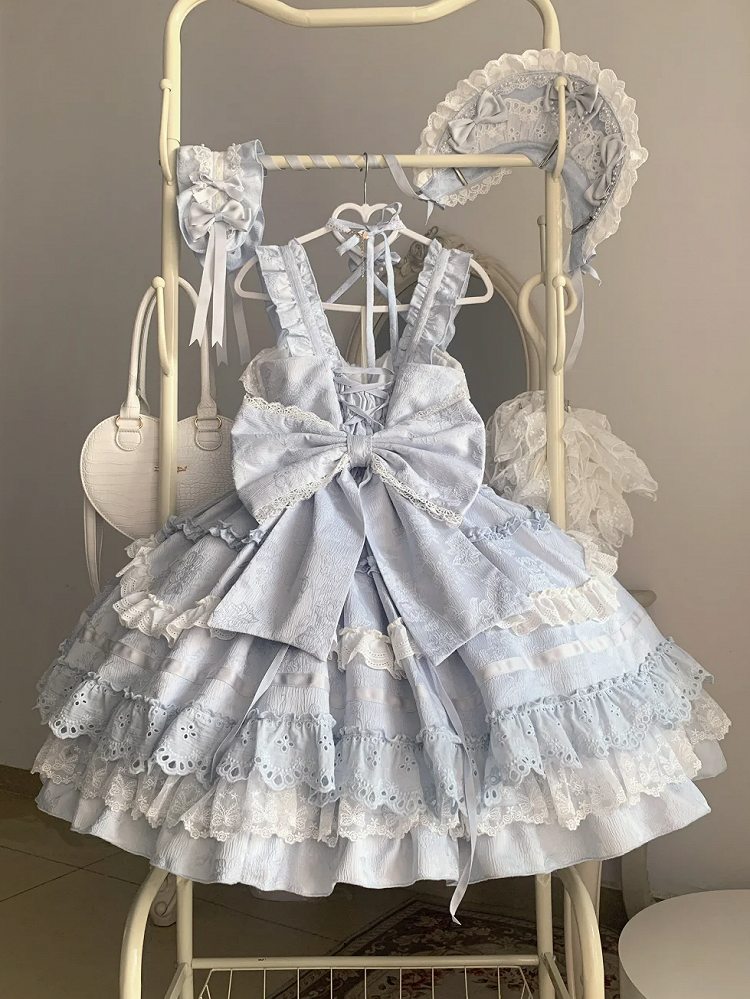Blau-weißes Old School Lolita-Kleid mit Schleifen und herzförmiger Dekoration, Prinzessinnen-Lolita-Pulloverrock