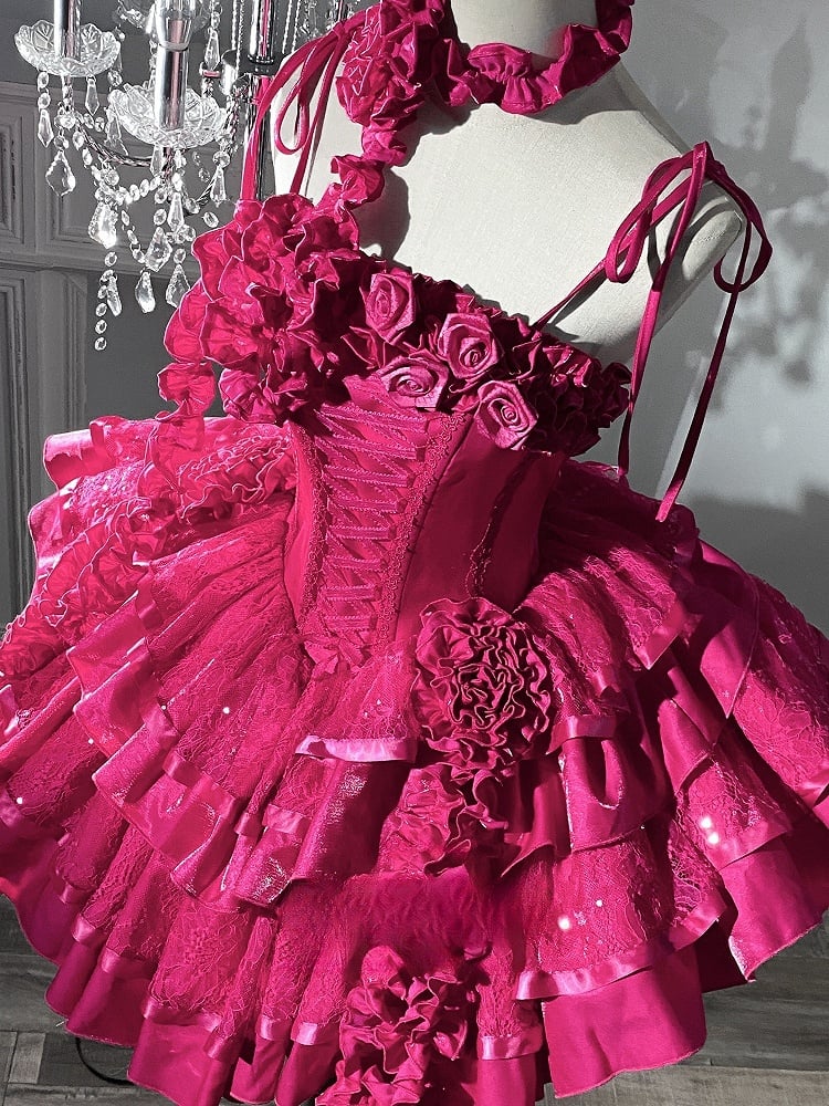 Barbie Boning Tiered Ruffle Roses Sequins Hot Pink Dress Goth Neckline Lolita