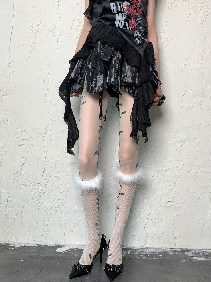 Y2K Floral White Pattern Tights