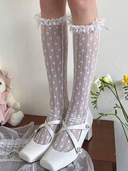 Trim Lace Under-Knee Floral White/Beige/Black Lolita Stockings