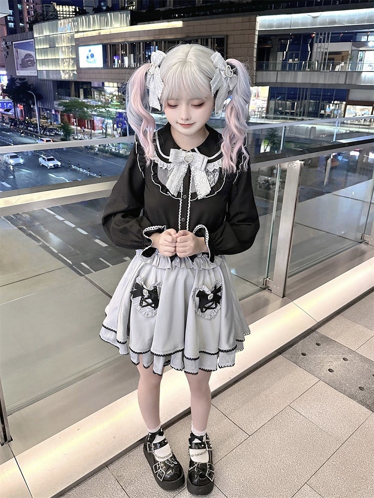 Jirai Kei Black Peter Pan Collar Long Sleeve Blouse Tie with Free Bow