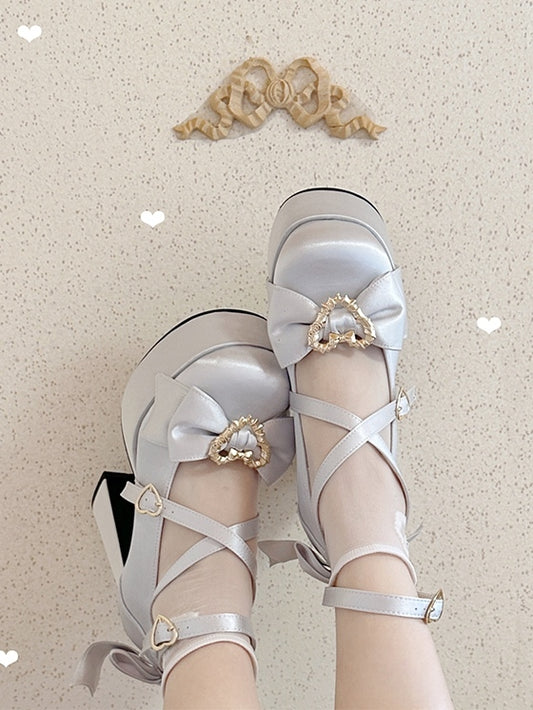 Dusty Straps Heart-Embellished High Blue Crisscross Heels with Sweet Bow Block - Lolita Top