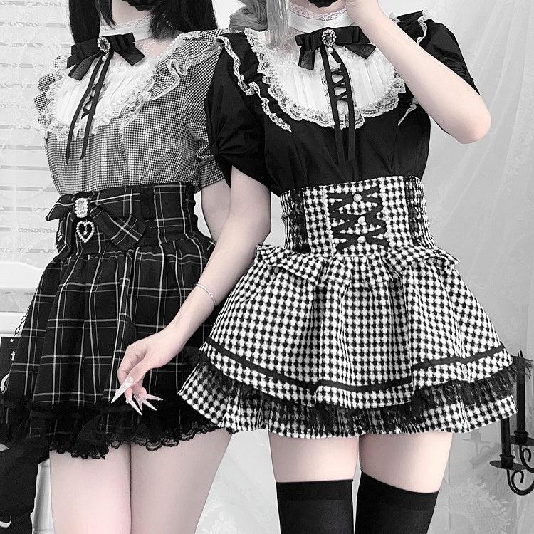 / Lace Trim with Bead Details White Plaid Blouse Jirai Kei Illusion Neckline Black