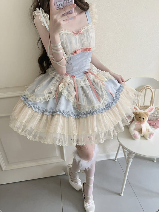 Bows Skirt Blue Balletcore Short Fabric Small Dress Lolita Jumper