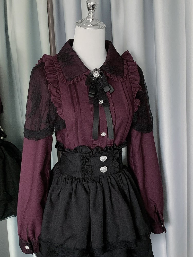 Skirt Tiered Jirai Details Kei Outfit- BlackWhite Plaid + Red Pleating Shirt