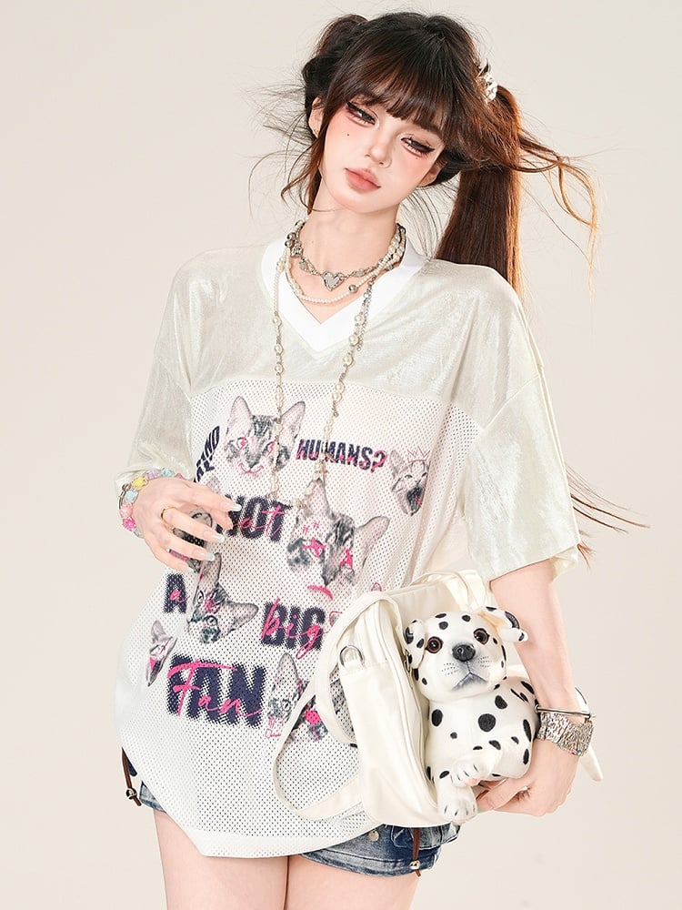 V-neck Cat Daily Kawaii Print T-shirt And Letter White