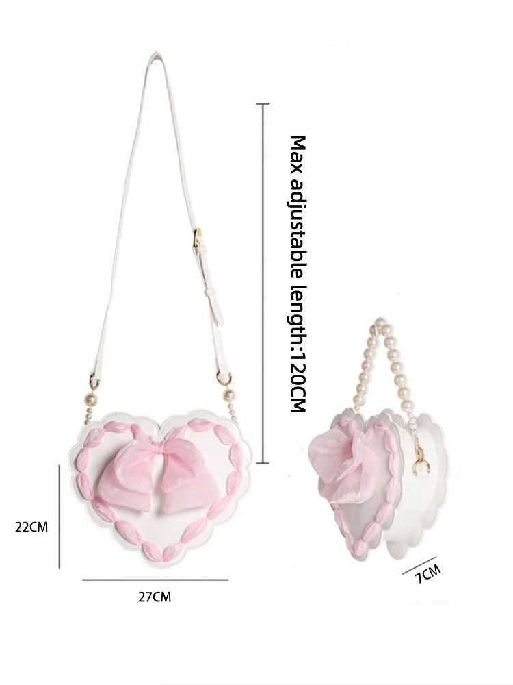Two with Adjustable Handle Lolita Bag Strap Available Pearl Colors Bow Detail Heart-Shaped