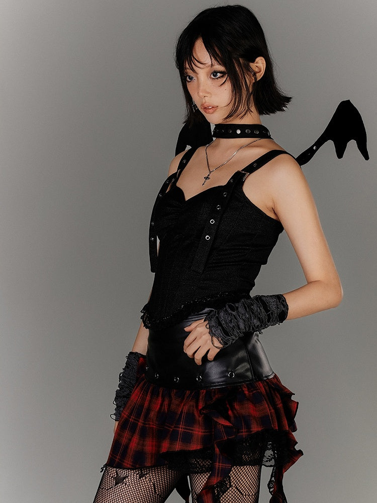 Ruffled Black PU Punk Skirt Hem Y2K Asymmetrical Red Plaid