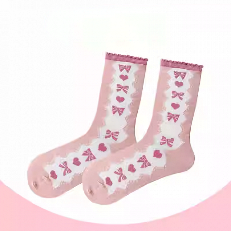 Pink Bow and Heart Pattern Ruffled Cuff Ankle Socks