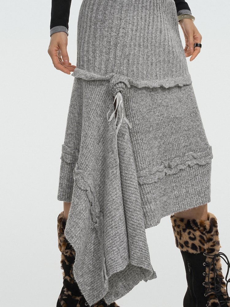 Asymmetrical Grey A-Line Knit Skirt with Rose Ribbon Detail