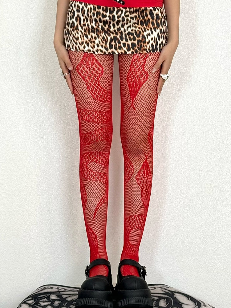 Tights Black/Red/White Snake Pattern Y2K