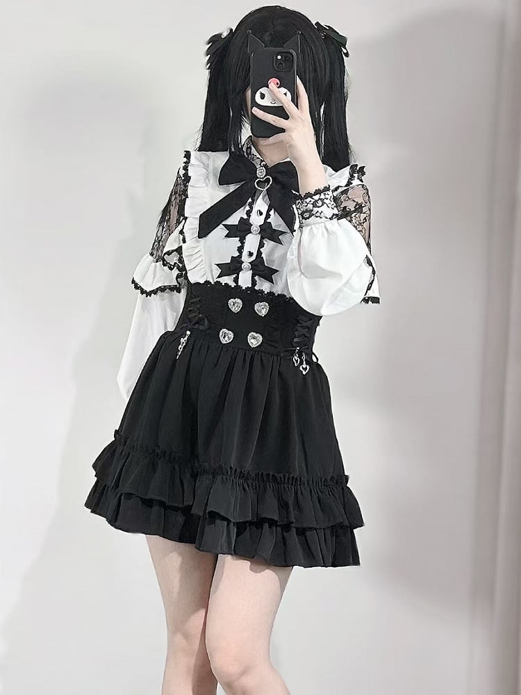 White Trim Jirai Rhinestone Details Kei Bowknot And Blouse Decorated Beaded Ruffles