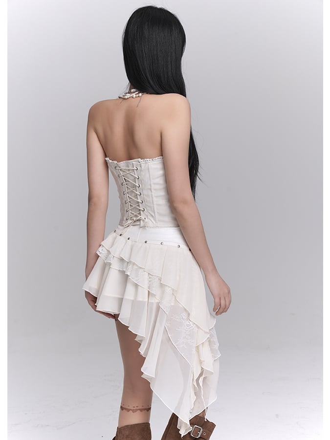 Asymmetrical Hem Tiered Skirt Strapless Top Lace Lace-up Beige Cross Applique /