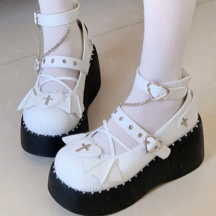 Y2K White Cross Details Top Platforms Leather Accents at PU with Heart Wings