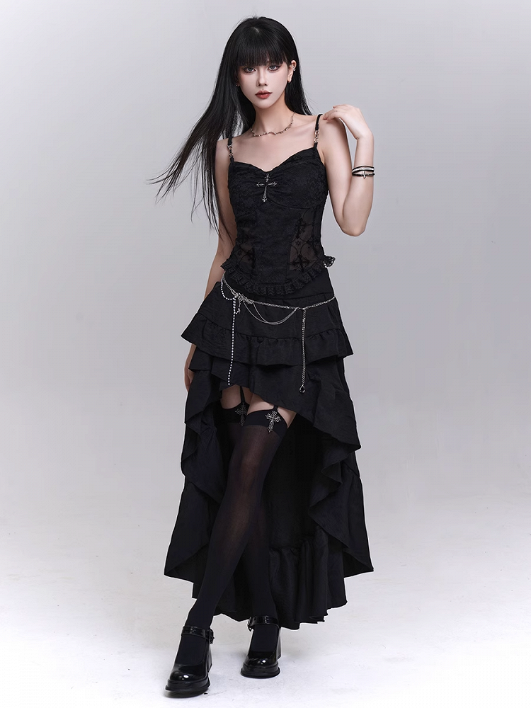 with Beaded Black Lace Patches Waist Cross Decorated Cami Top Chains