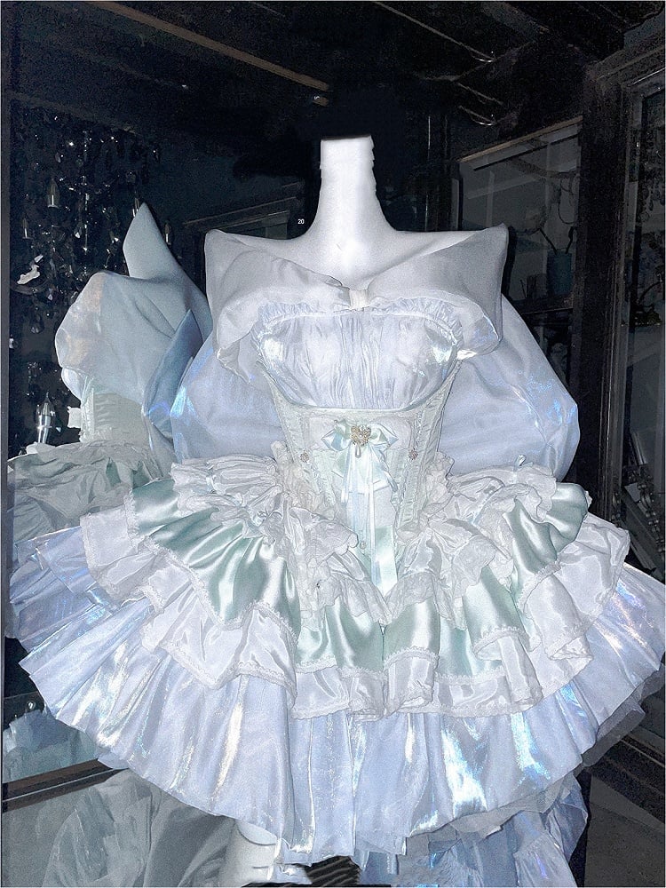 Corset Belt with Train Tiered Ruffles Satin Hime Lolita Light Green