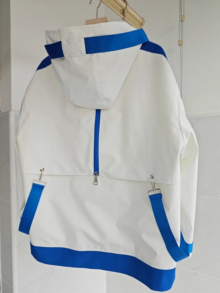 Veste coupe-vent à capuche Jirai Kei Techwear bleu et blanc avec bretelles