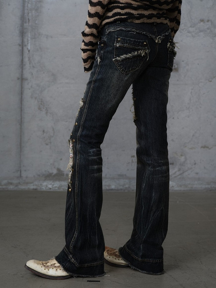 Plaid Distressed Patches Jeans Hem Punk with Frayed Black Wash Cross