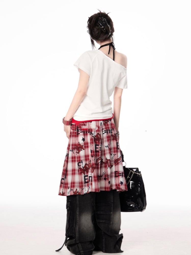 Y2K Letter Print White/Gray Asymmetrical Neckline T-shirt