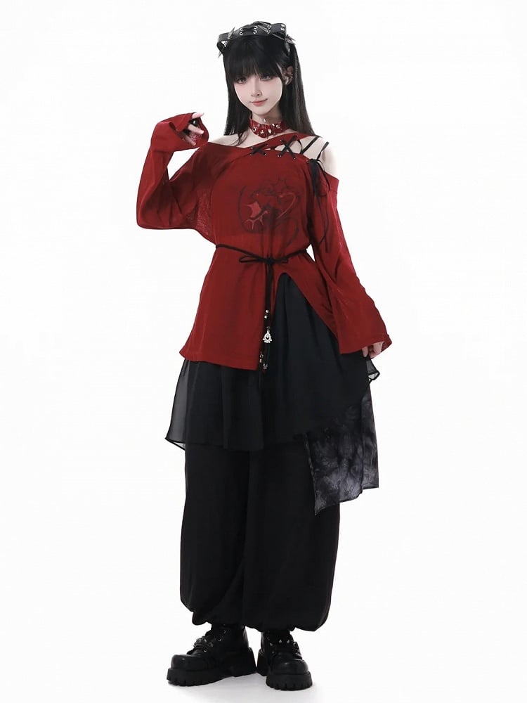 Casual Pants Elastic Waist and Cuffs Dye Black Style Tie Mesh Patchwork Cheongsam