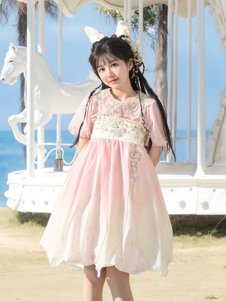 Ombre Style Spaghetti Strap Dress Empire Pink Waist Strawberry Embroidery Cheongsam