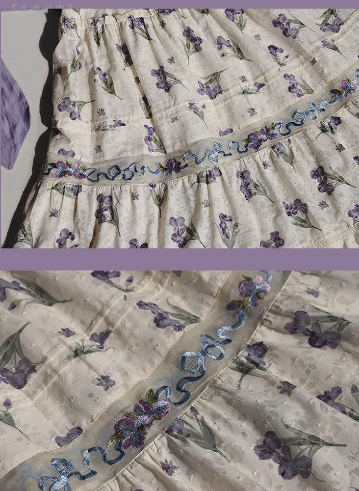 Neckline Jumper Skirt Beige Off-the-shoulder Purple Iris Embroidery