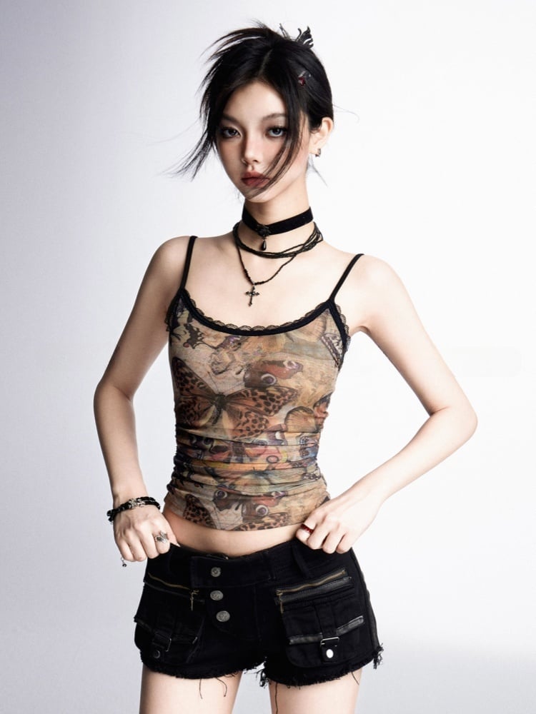 Mesh Cami Top Bittersweet Wasteland Punk Brown Butterfly Print