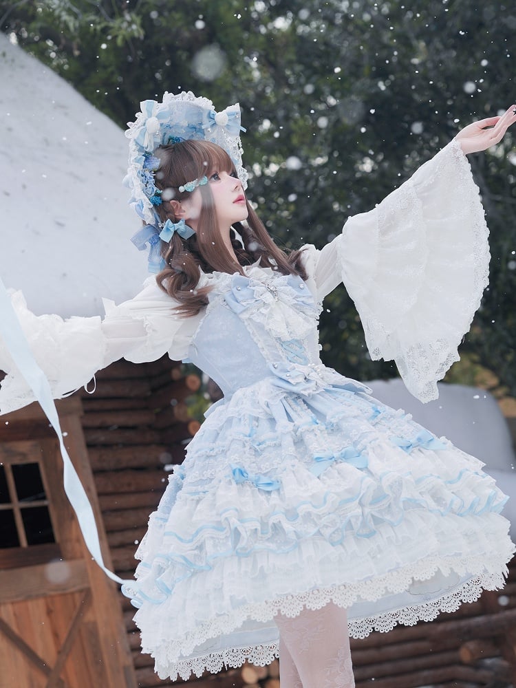 Blauer Hanayome Bowknots Lagenrock Sweet Hime Lolita Pulloverrock-Set