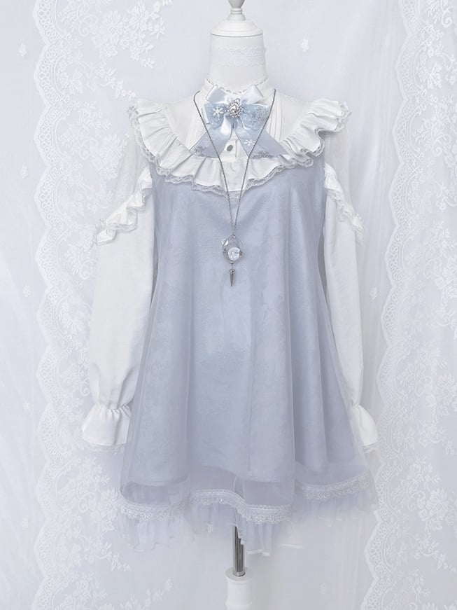 Robe Jirai Kei bleu clair à manches longues et bordures en dentelle style mines terrestres