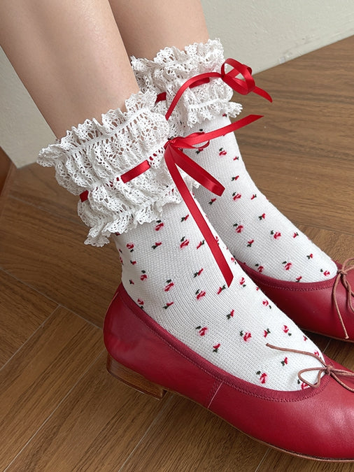 Socken Lolita WeißRoter Besatz Print Spitze Blumen