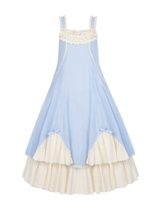 Lolita Flounce Dress and Beige Blue Tea Cotton Ruffle Hem Length Trims Piece One