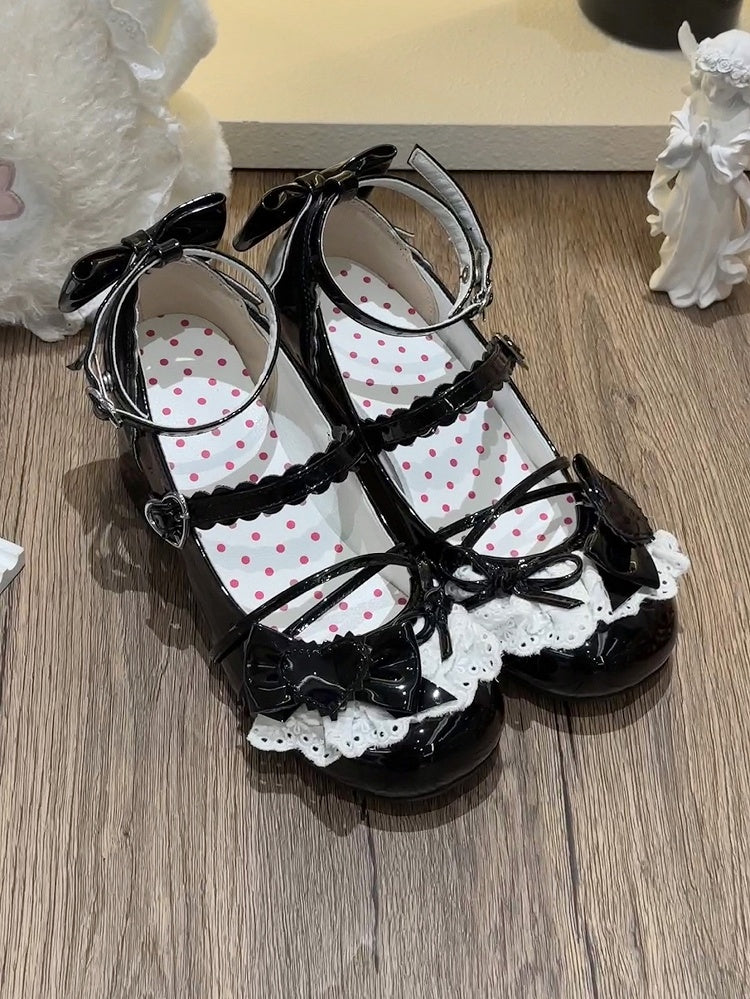 Jane Lace-Trim Polished Lolita with Heel Buckles Mid Bow Mary Sweet Heels Black Top - Heart