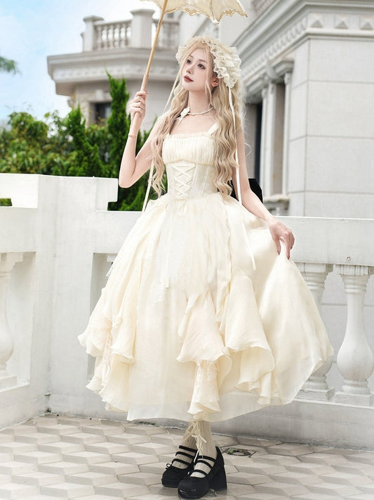 Lolita Set Long Full Dress Skirt Version Waist Classic Ruffle Cascading Boned Beige Basque