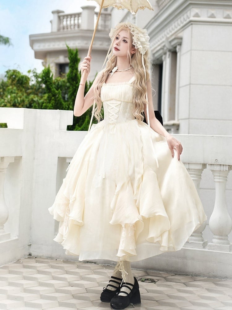 Version entbeint Rüschen Lolita Beige Kleid Rock Taille Basken lange Kaskadierung