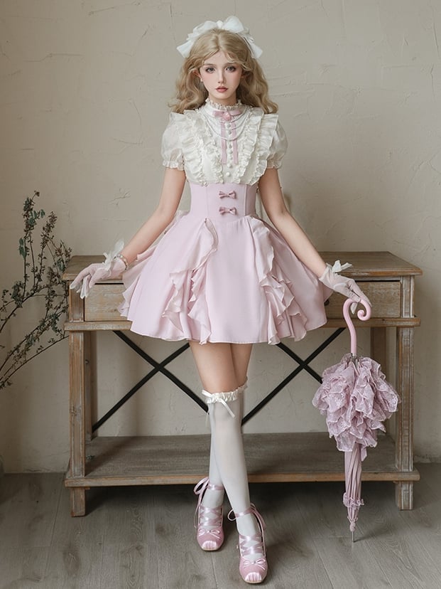and Fake Blouse Boned Pieces Design Apricot Pink Skirt Lolita Waist Dress Two