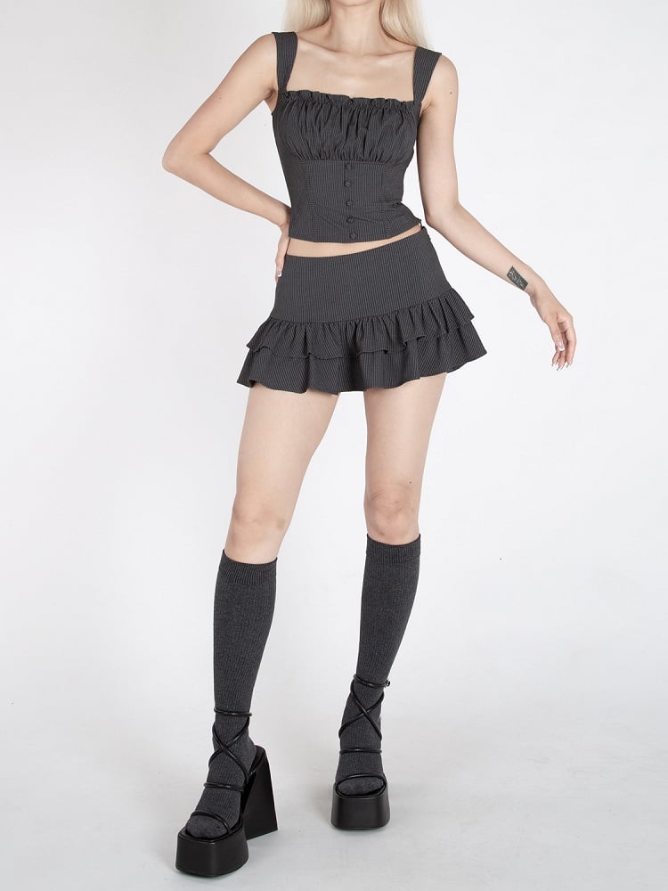 ダークグレーのストライプ柄、ローウエスト、ティアードフリル、グラマラスミニスカート