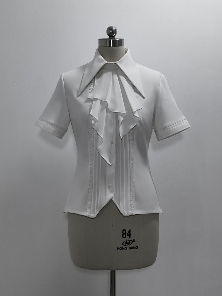 Fashion Ouji Collar Jabot Pointed Shirt Short Lolita Sleeves Foldover White