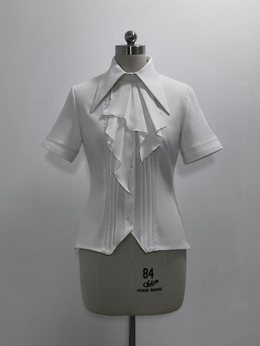 Mode Ouji Kragen Jabot Spitz Shirt Kurze Lolita Ärmel Foldover Weiß
