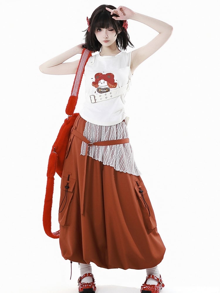 Orange Elastic Waist Drawstring Hem Cargo Pockets Long Bubble Skirt