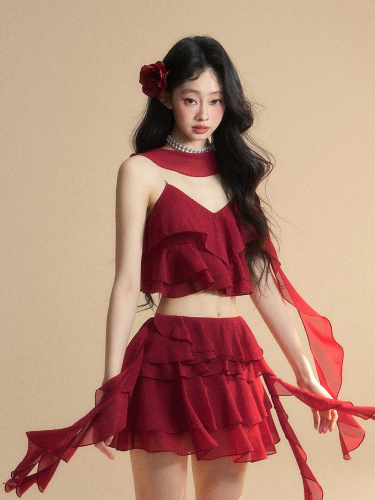 Asymmetrical Ruffled Hem Slim-fitting Mini Tiered Skirt Red Chiffon