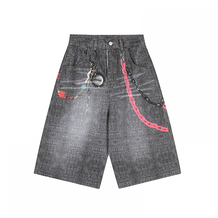 Waist Chains Print Faded Wash Wide-leg Jeans Gray Low